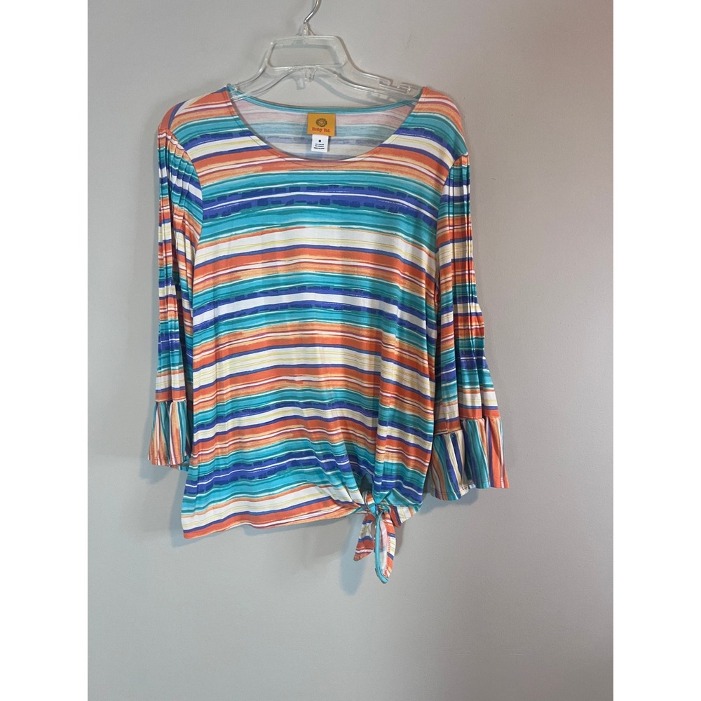 Ruby Rd Womens Multi Color Striped 3/4 Ruffle Sleeve Side Tie Top Medium